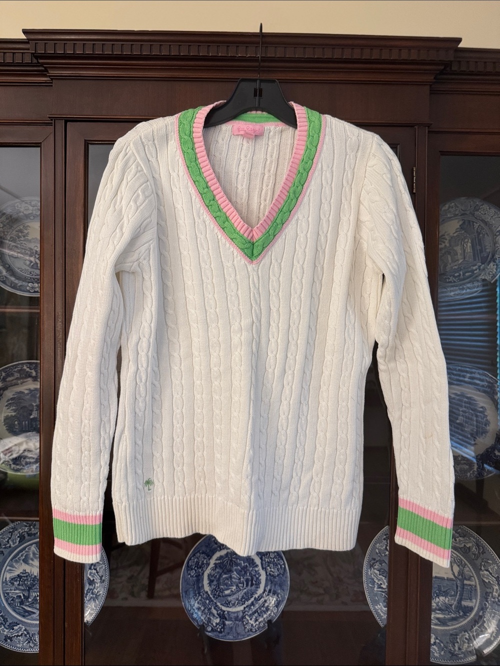 Lilly Pulitzer White Cable Knit V-Neck Sweater with Pink & Green Trim